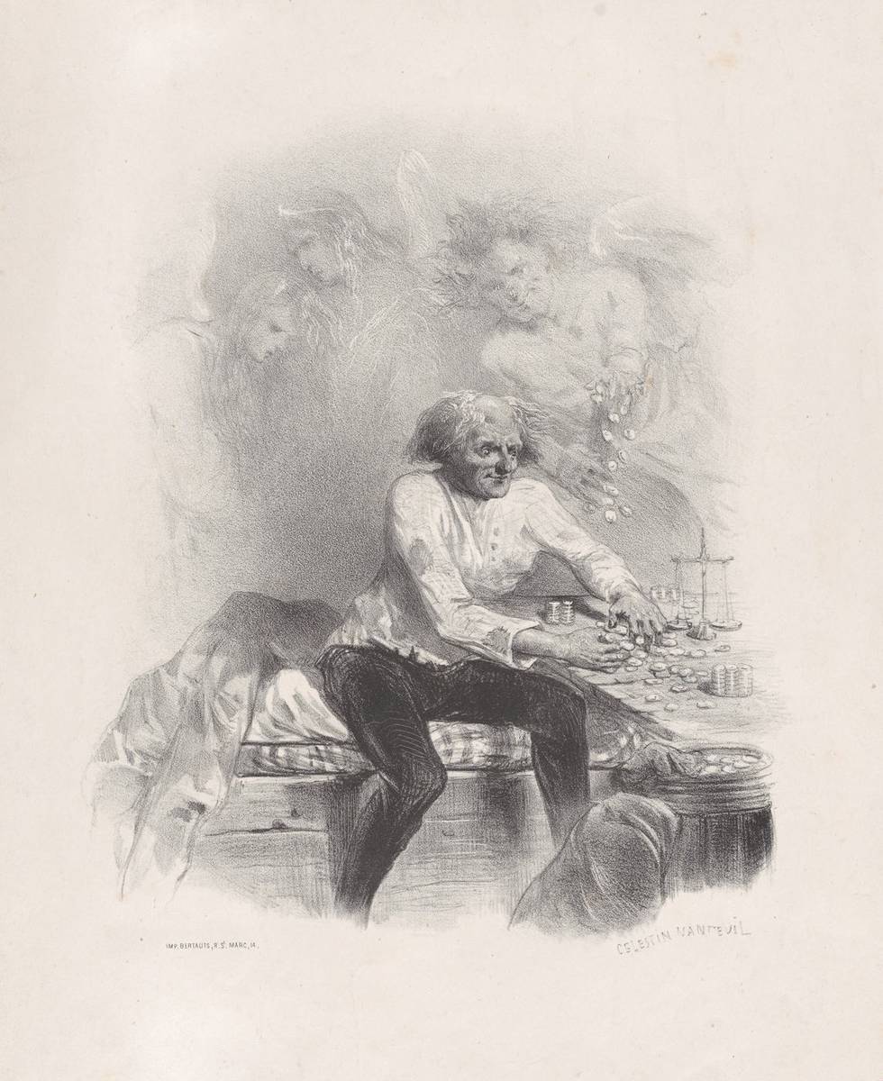 Old Man Counting Money at a Table with a Scale, lithograph by Célestin Nanteuil