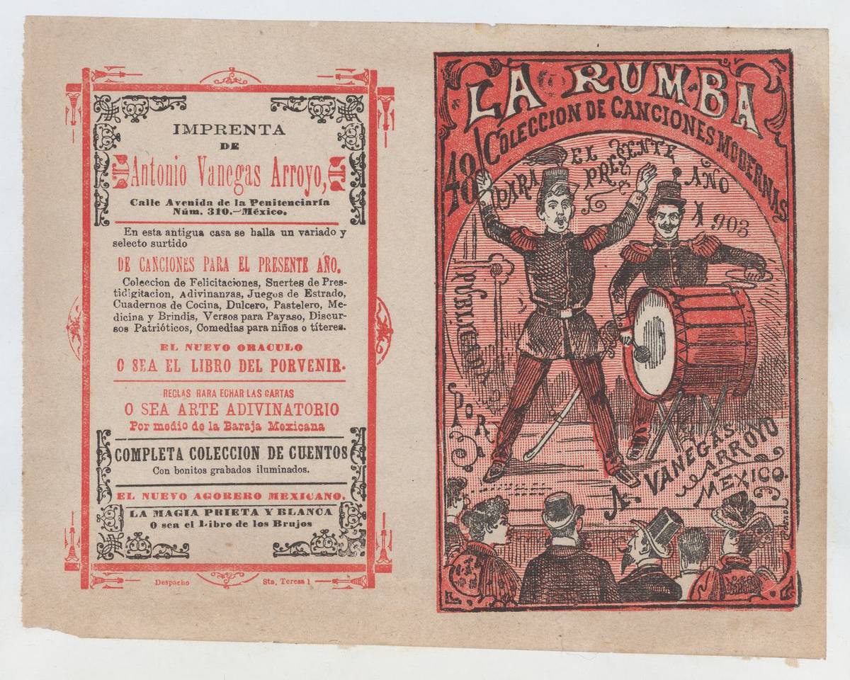 Cover for 'La Rumba: Coleccion de Canciones Modernas para el Presente Año 1903', a conductor and a drummer performing on stage for an audience, chiaroscuro engraving and letterpress printed in red and black on tan paper by José Guadalupe Posada