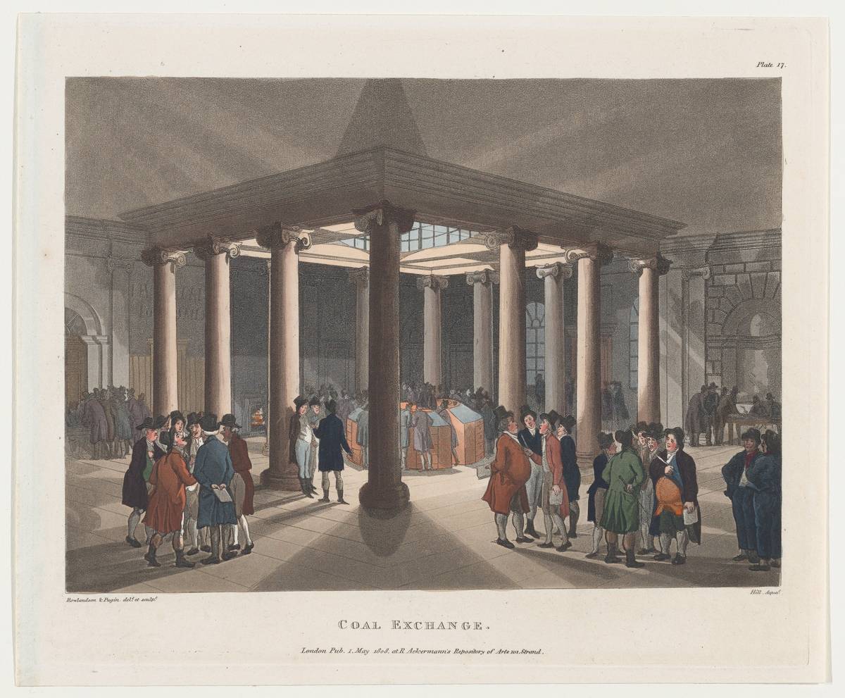 Coal Exchange, hand-colored etching and aquatint by Thomas Rowlandson