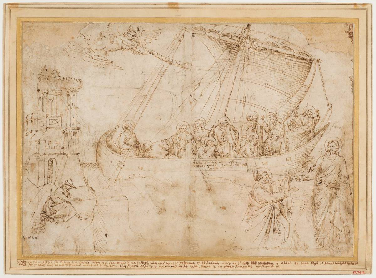 Free Copy of Giotto's "Navicella" (recto); Copy of Adam in Masaccio's "Expulsion from the Garden of Eden", and other Figure Studies (verso), pen and brown ink (recto and verso). glued onto a secondary backing sheet of paper drawn in pen and brown ink, over black chalk by Parri Spinelli