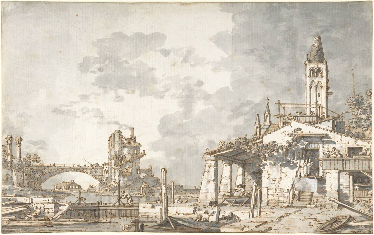 Lagoon Capriccio (recto); Architectural Scene (verso), pen and brown ink, brush and gray wash, over traces of lead or graphite (recto). squared in lead or graphite. faint traces of a constructed outline drawing of an architectural scene, in lead or graphite by Canaletto (Giovanni Antonio Canal)