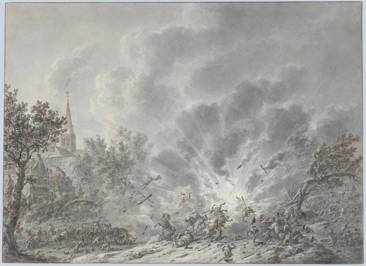 An Explosion near a Village, pen and brown and black ink, brush and gray ink by Dirk Langendijk