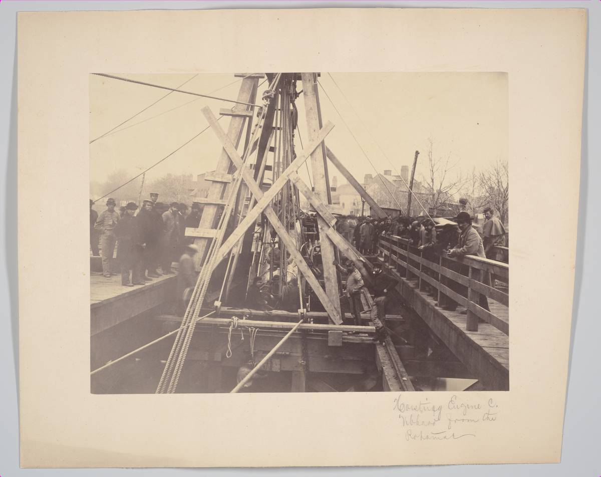 Lifting Engine "Vibbard" from Draw at Long Bridge, March 1864, albumen silver print from glass negative by Andrew Joseph Russell
