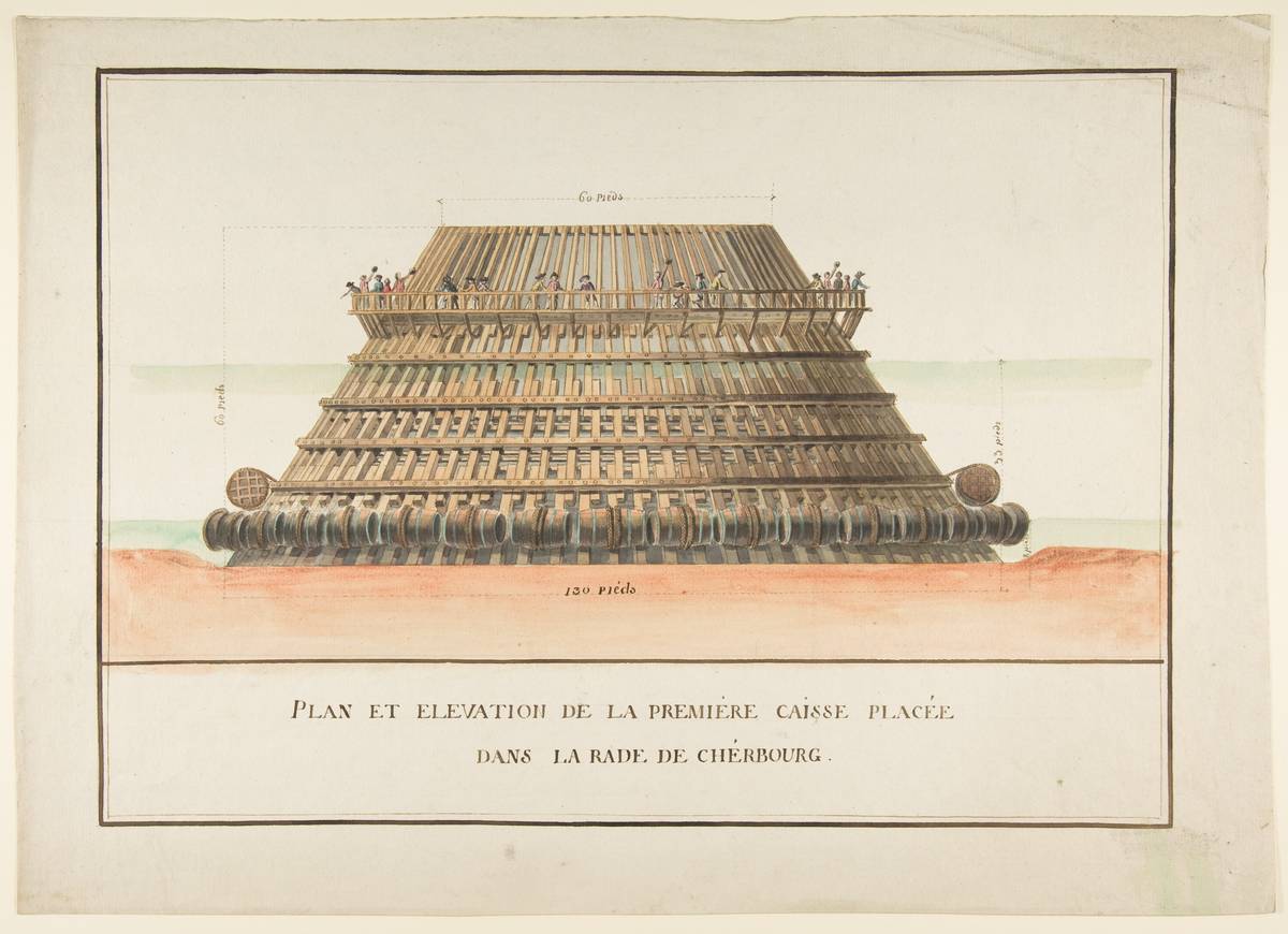 Design for a Machine, pen and brown ink, watercolor. dimensions in pieds given on each side of machine. by Anonymous, French, 18th century