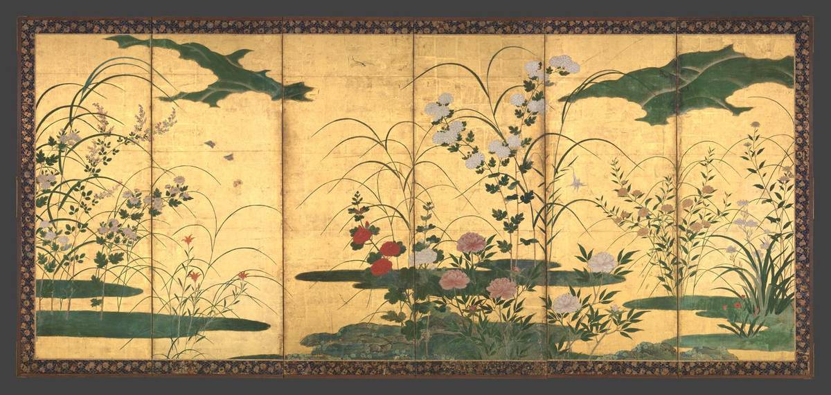 Flowers and Grasses of the Four Seasons, pair of six-panel folding screens by Kano Mitsunobu