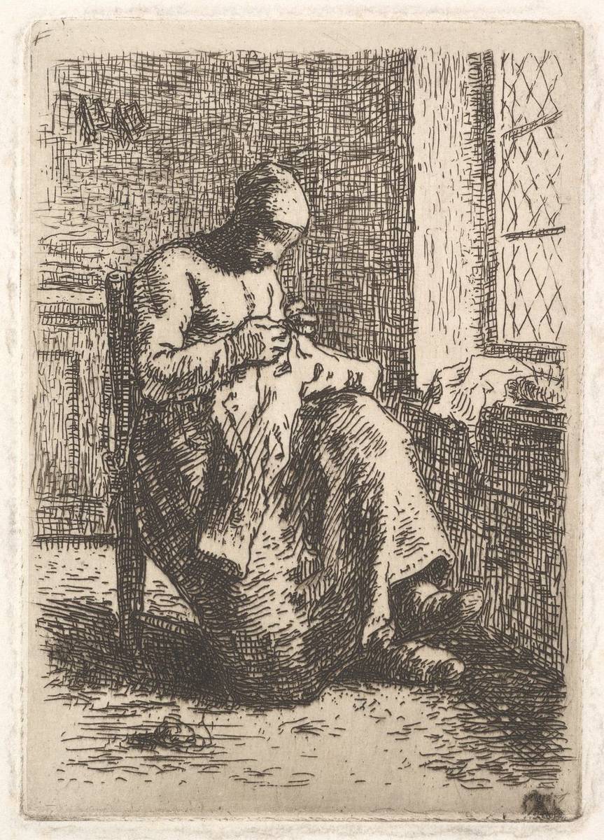 The Seamstress, etching on chine collé by Jean-François Millet