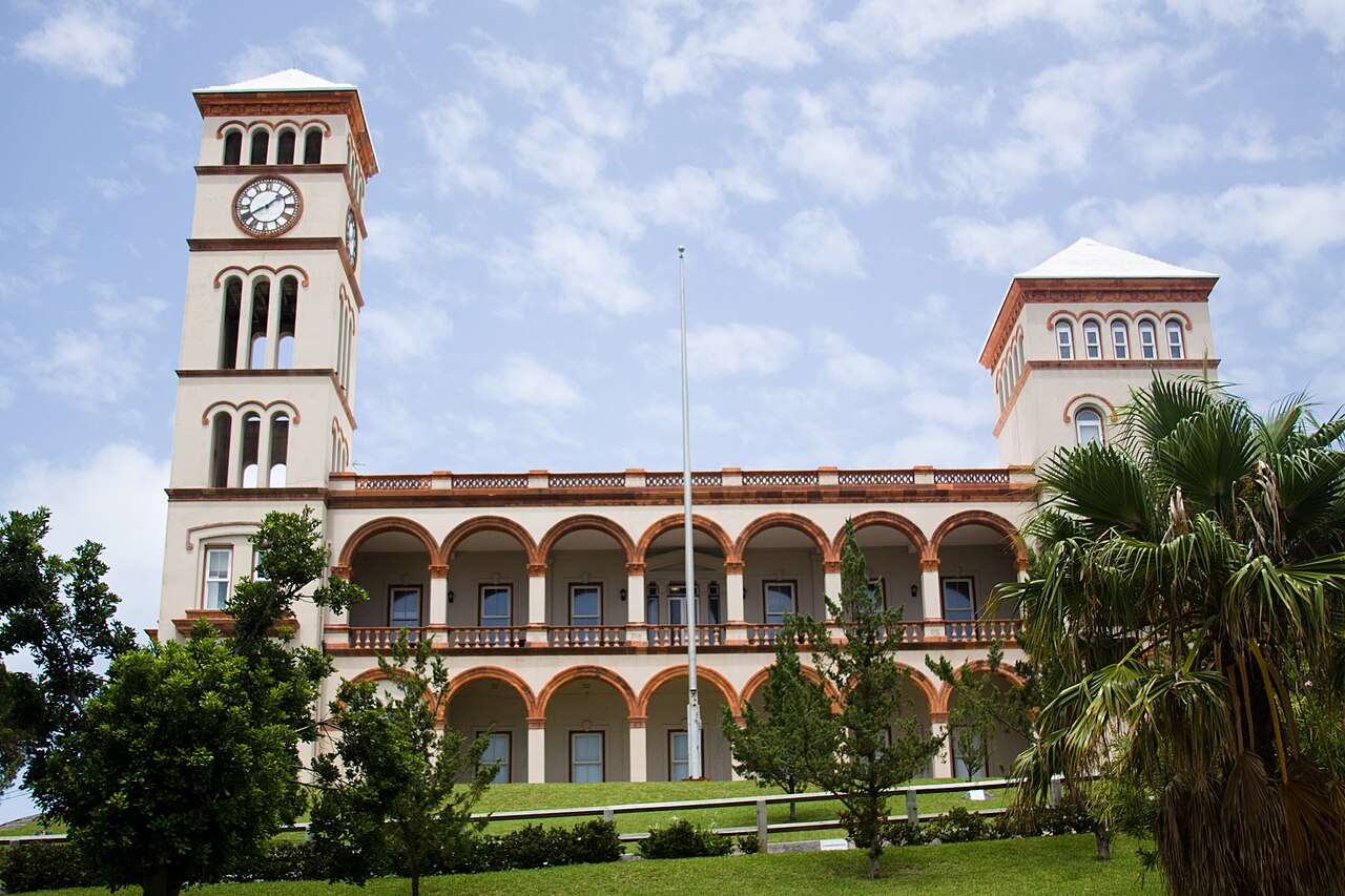 Sessions House in Hamilton, Bermuda, with its clock tower and arched arcades seen from Reid Street