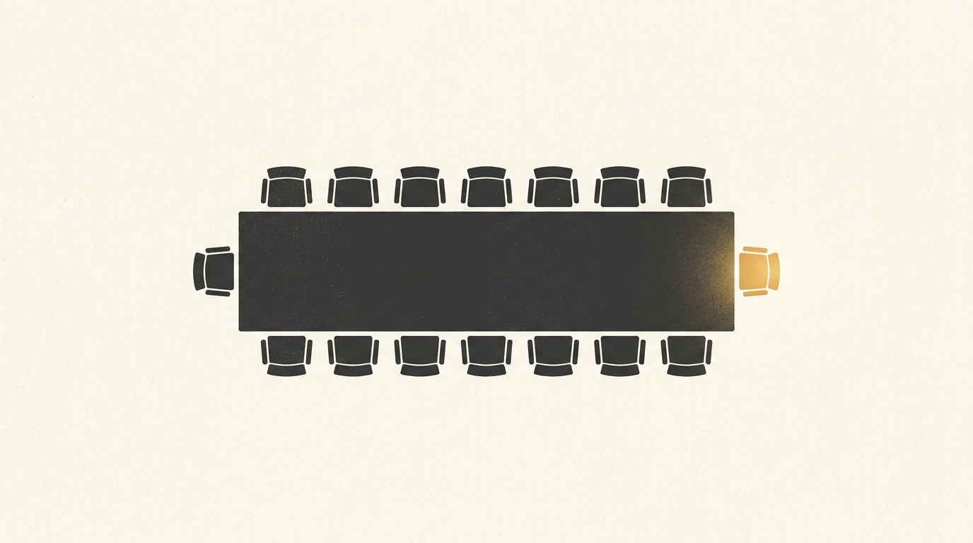 Minimal editorial illustration of a boardroom table from above with one gold chair at the head, charcoal on off-white