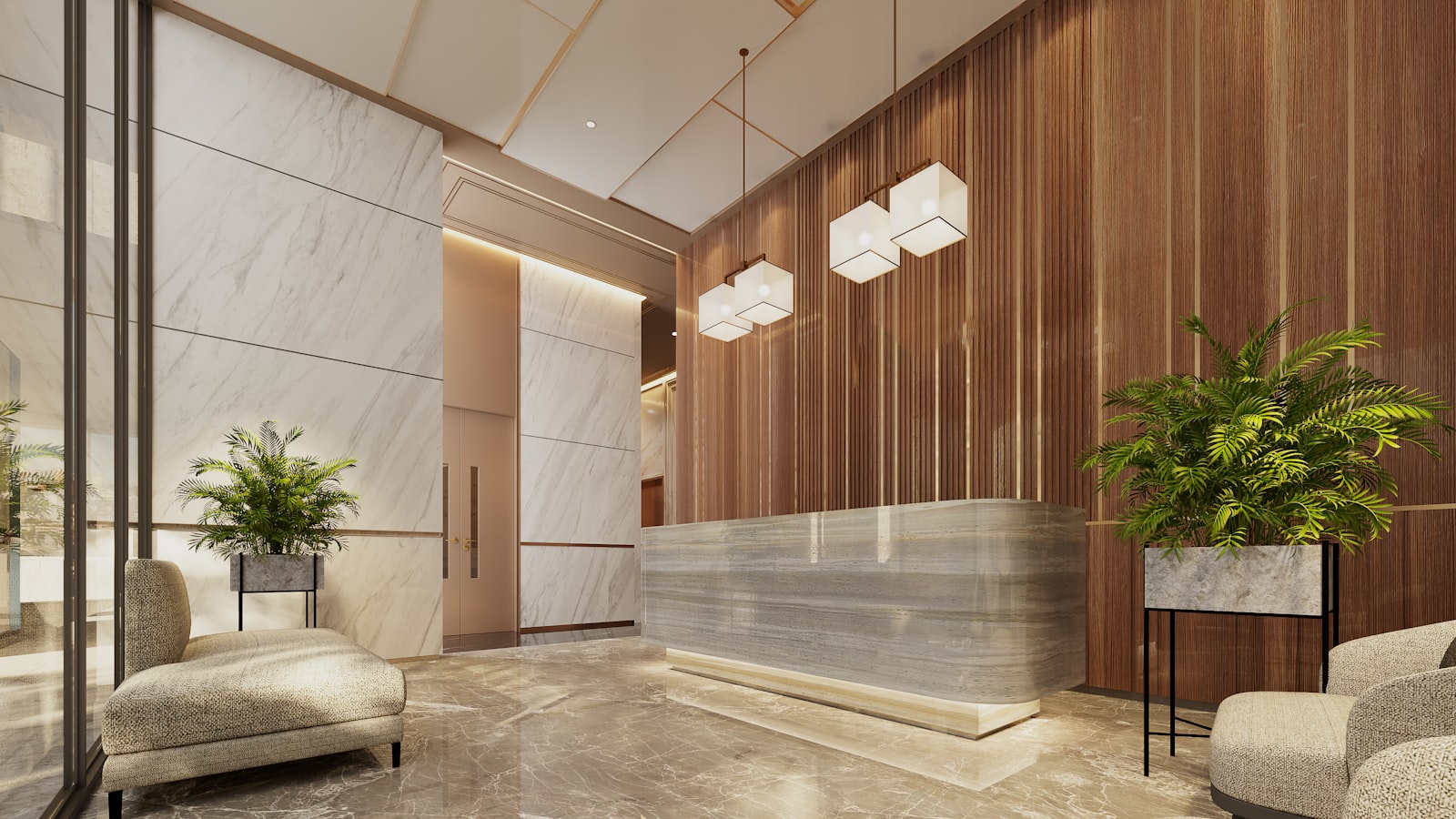 A modern hotel lobby with a marble reception desk and no staff or guests visible, representing the front-of-house roles the CHTA workforce guide is built to address