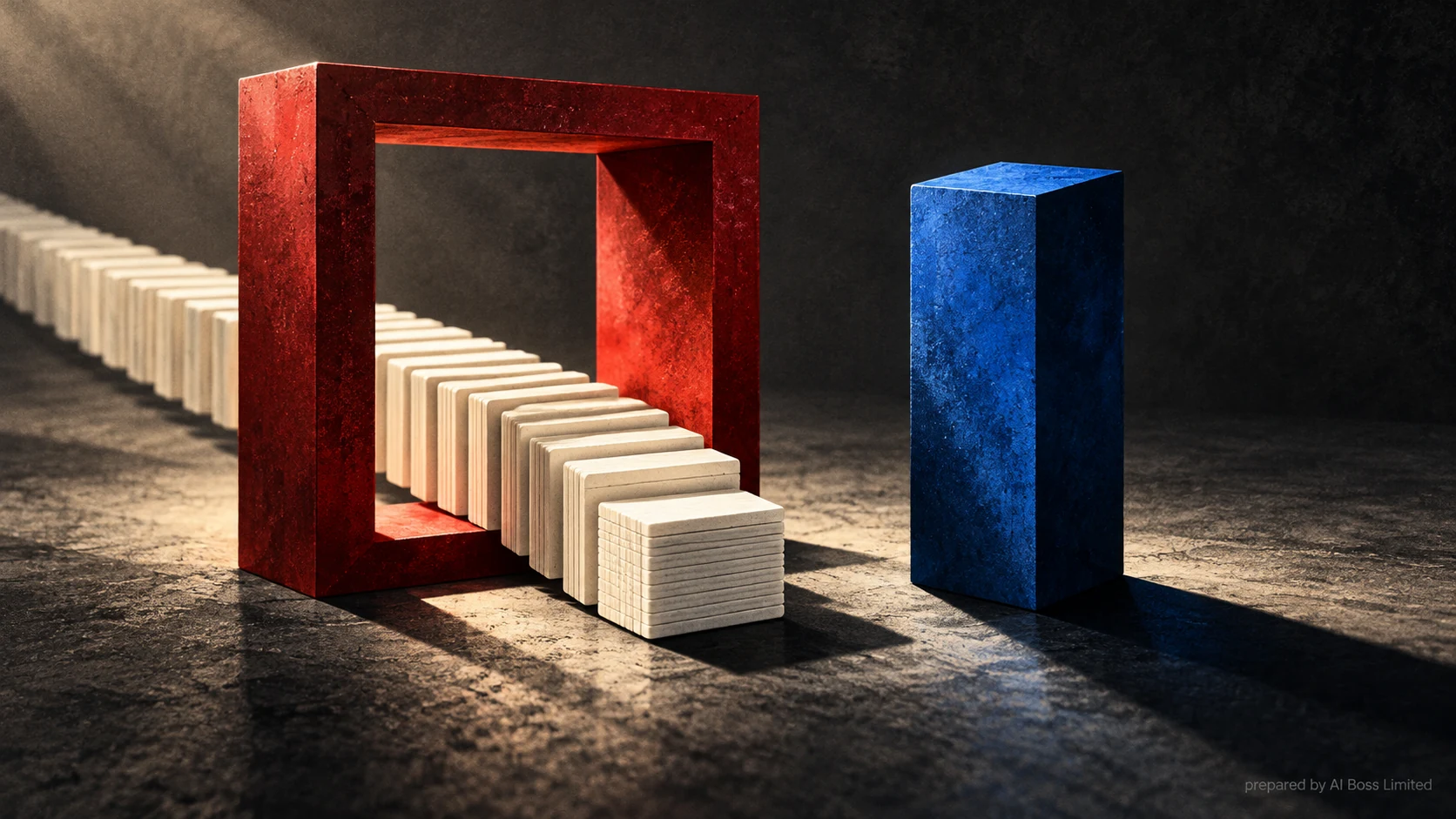 Small ivory blocks pass through a red frame beside a single blue prism in an abstract illustration about token counts.