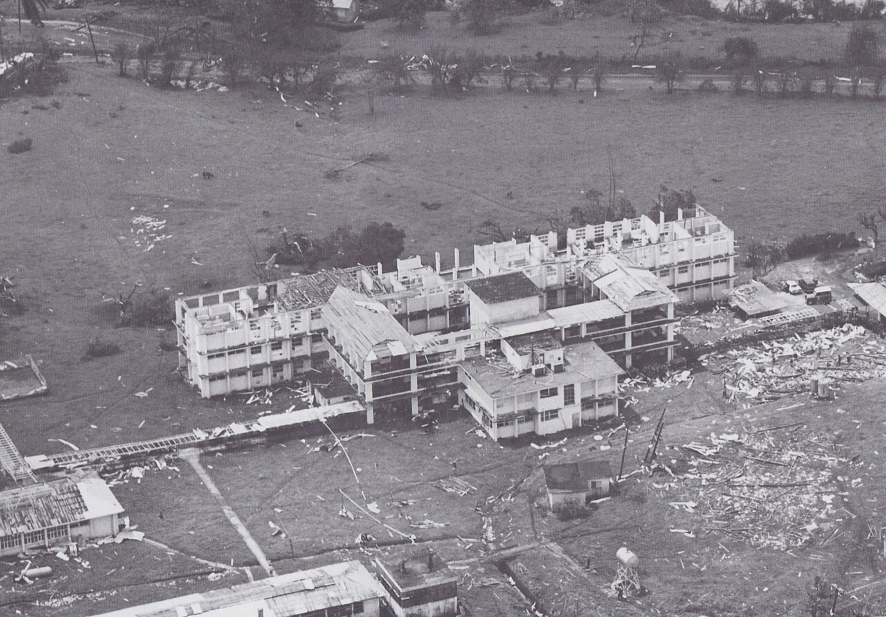 Damaged public hospital building at Princess Margaret Hospital, Morant Bay, Jamaica, after Hurricane Gilbert