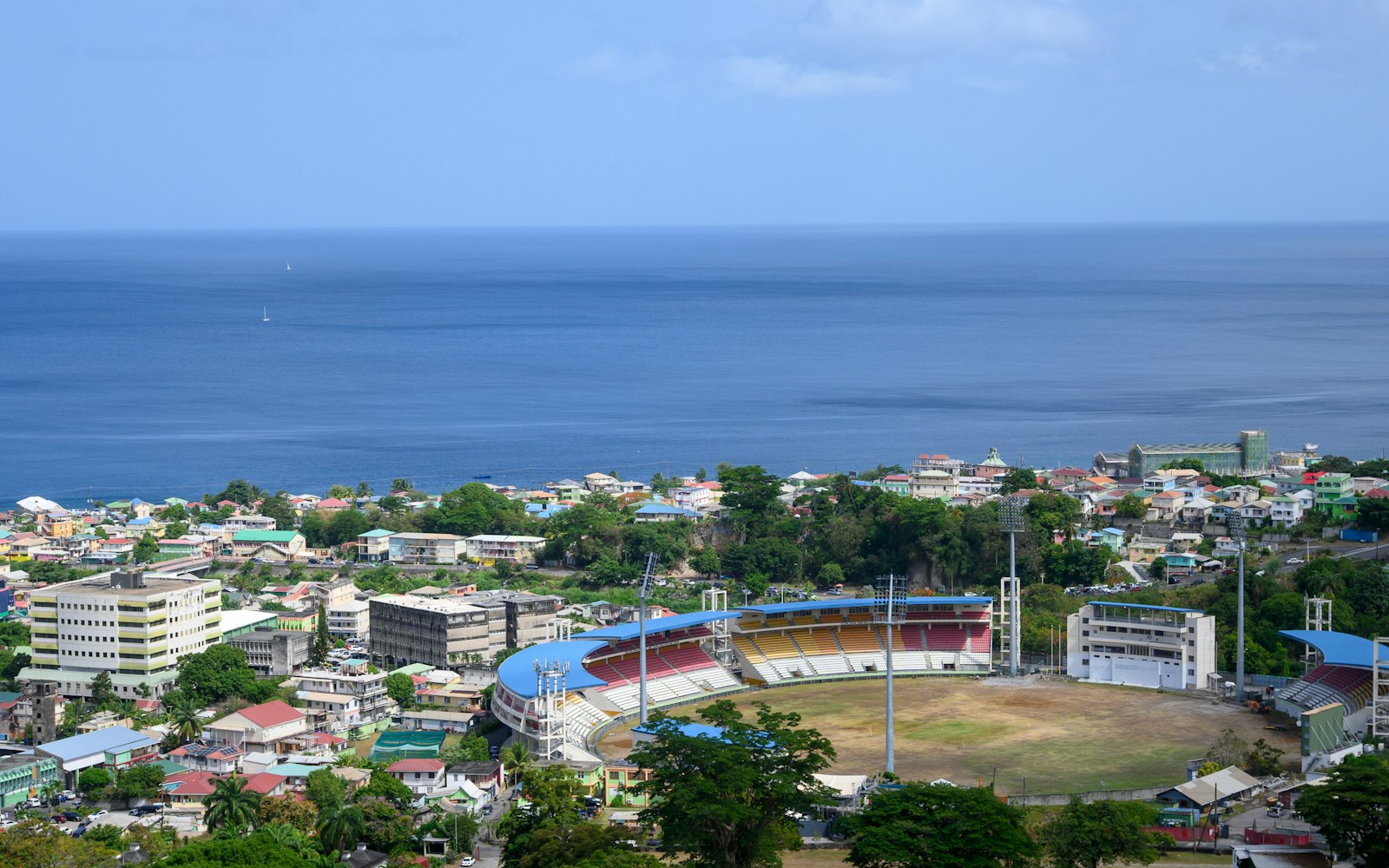 Roseau in Dominica, with its stadium and coastal buildings beside the Caribbean Sea