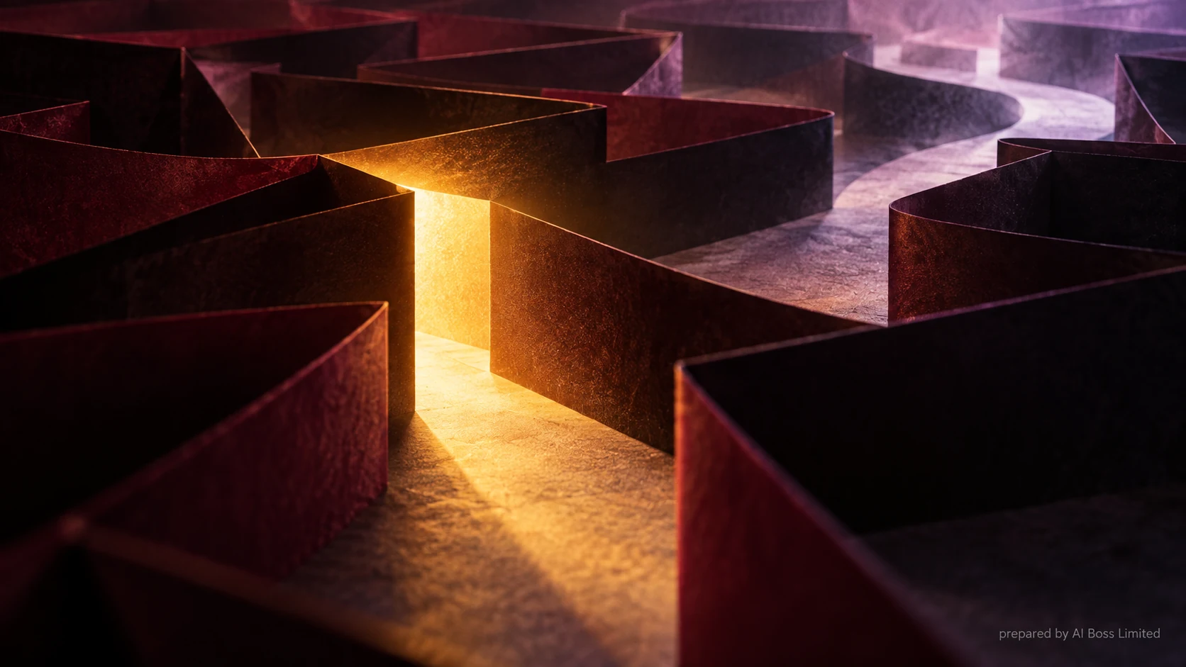 An amber opening glows between dark, maze-like planes in an abstract film-grain illustration of sudden insight.