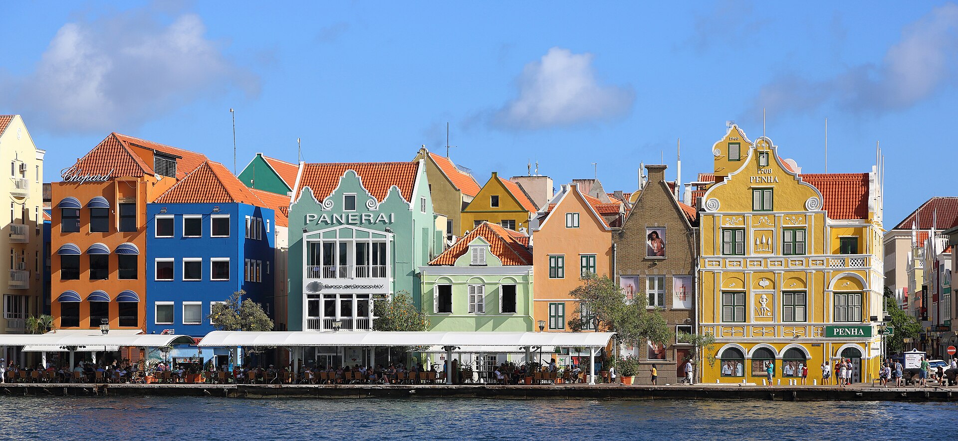 Colourful Dutch colonial facades along the Handelskade waterfront in Willemstad, a Caribbean port city
